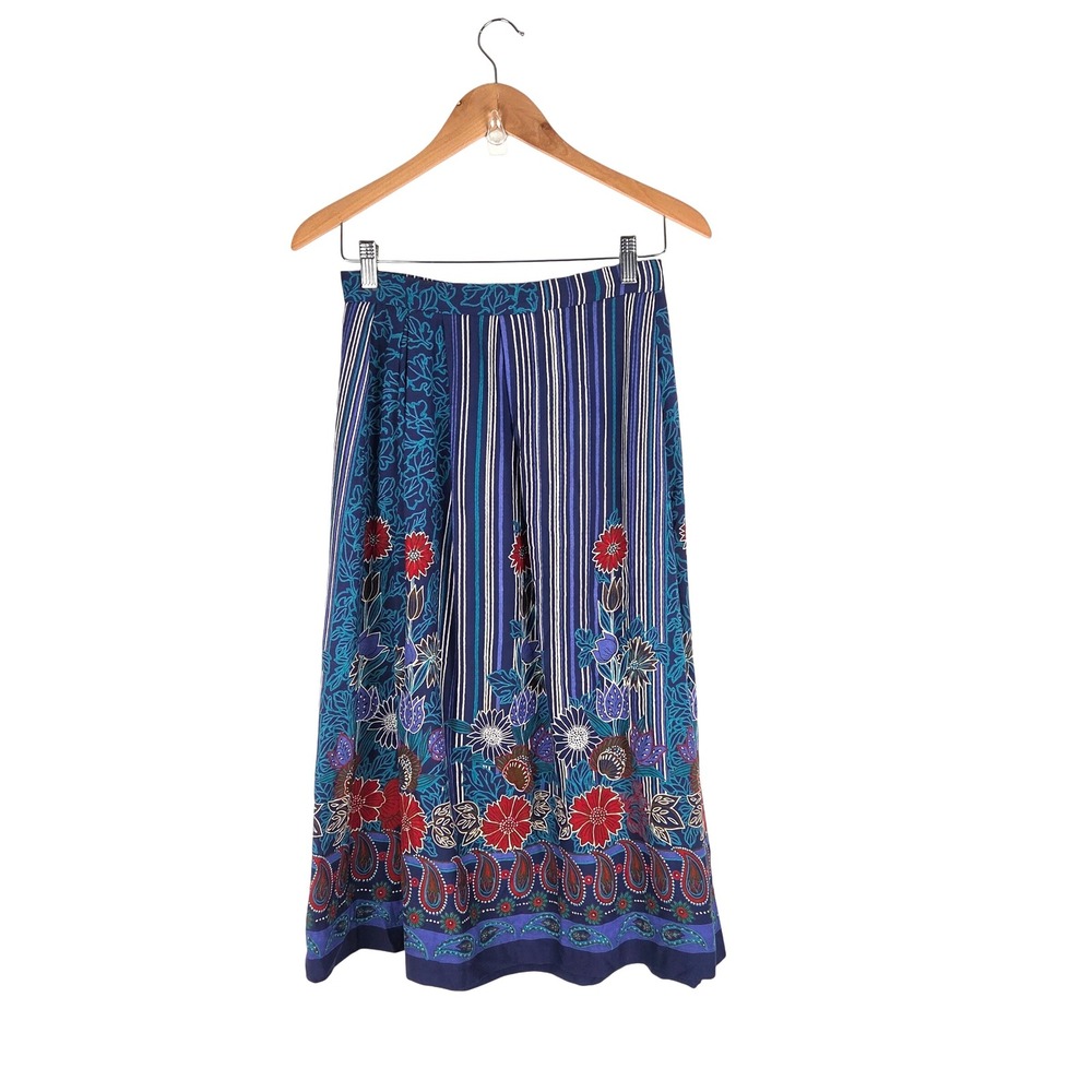 Vintage TJ's Bohemian Blue Maxi Skirt Floral Stripe‎ Boho Cottagecore Retro